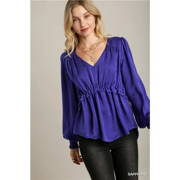 NWT Satin V-Neck Ruffle Baby Doll Top, Cuffed Sleeves, "Sapphire" Color, Elegant - Picture 5 of 5